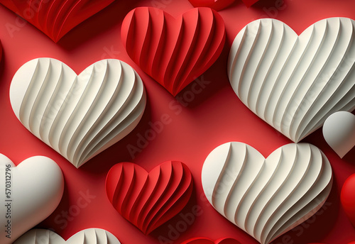 Decoración de corazones rojos y blancos de papel creado con IA generativa