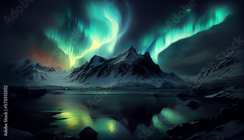 Polarlicht Aurora borealis mit See und Gebirge im 16:9 Format. Generative Ai. © Michael