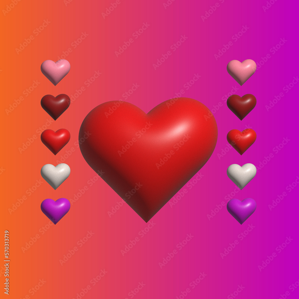 3D illustration of various color types of love shapes