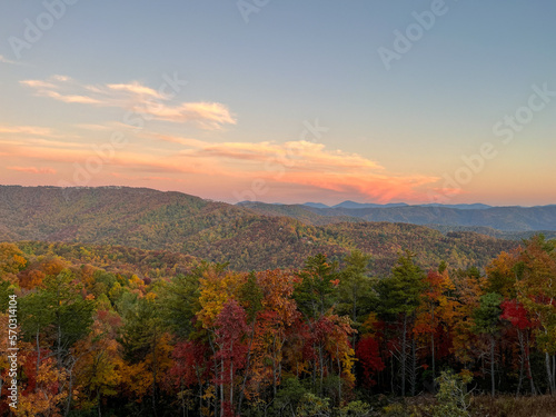 A view of the Blue Ridge Parkway in Boone, NC during the autumn fall color changing season sunset.