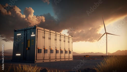 Sunset with modern battery energy storage system and background of wind turbines and solar panel power plants.