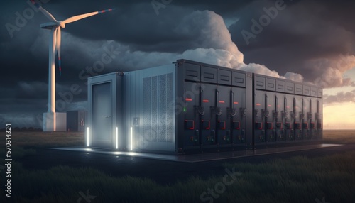 Sunset with modern battery energy storage system and background of wind turbines and solar panel power plants.