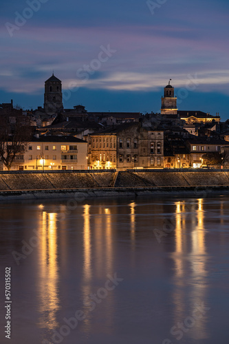 Arles, Provence, France, View over the River Rhone and old town by night © Werner