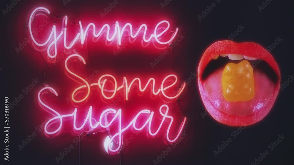 Sugar Neon Sign Female Mouth Candy On Tongue Motion Background. Female