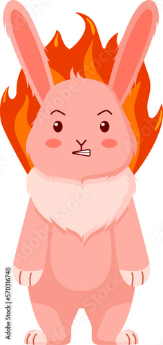 Angry bunny with a fire on a white background. Emotion of anger. Cute cartoon character in bad mood.