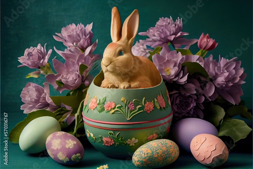 Painterd easter egg and bunny, Generative AI photo