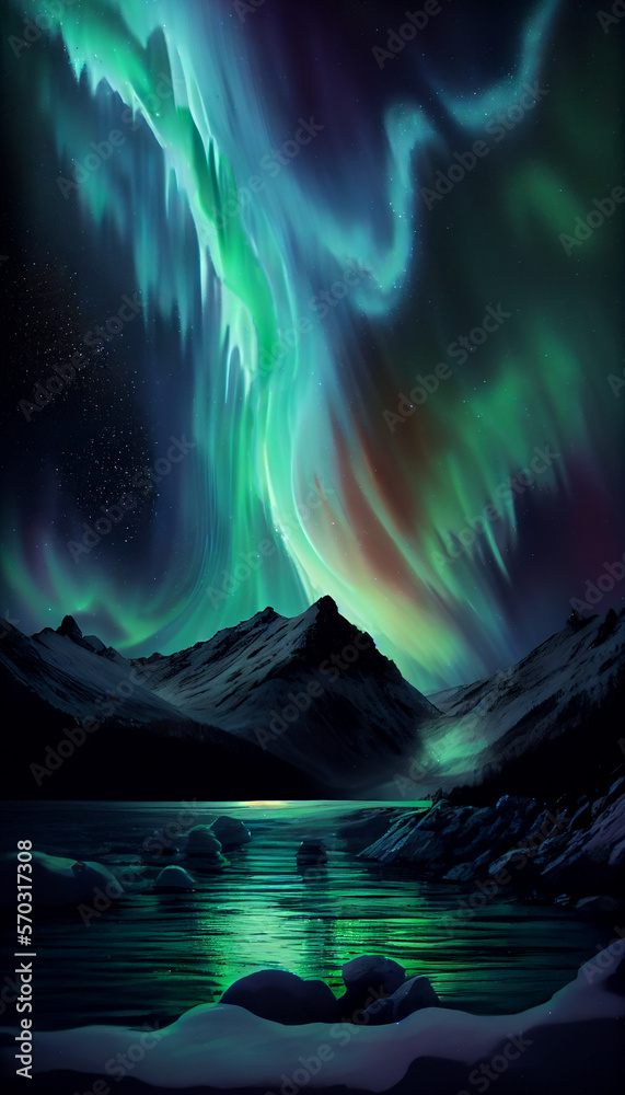 Polarlicht Aurora borealis mit See und Gebirge im 9:16 Format. Generative Ai.