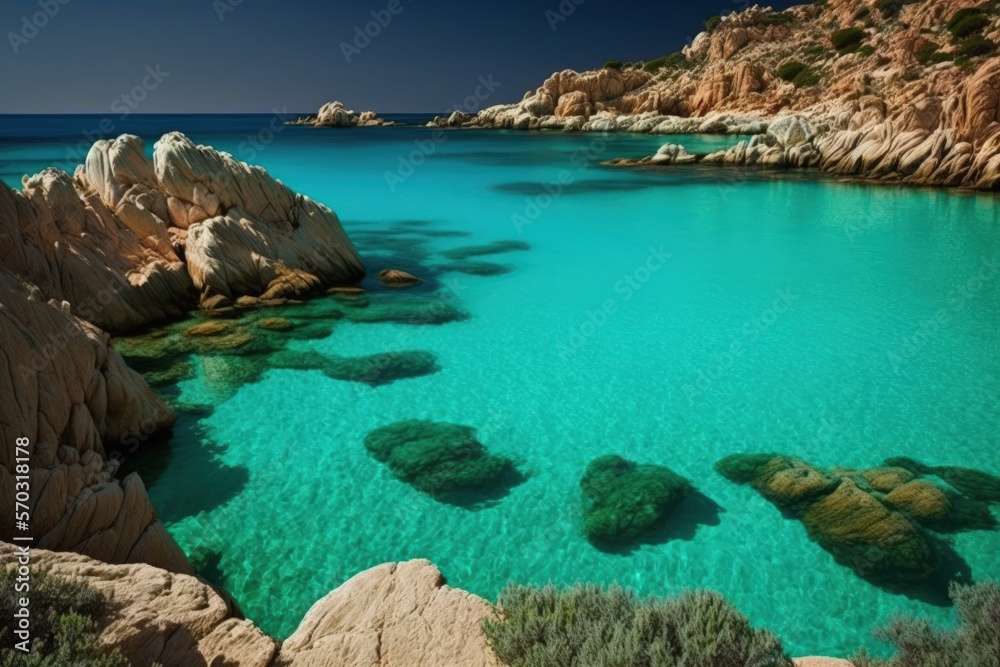 On Sardegna island in the Mediterranean Sea, the water is an incredible turquoise color. Generative AI