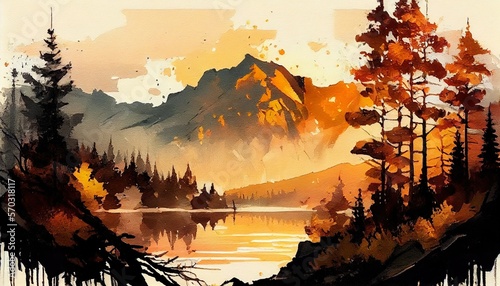 landscape with forrest mountains sunrise, water color painting 2