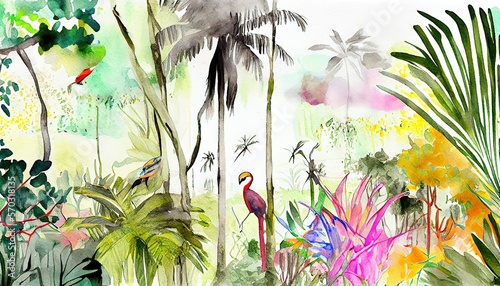 natural landscape of rainforests of trees and palms, in consistent colors with birds, butterflies, parrots and flamingos, digital drawing in watercolors 1 photo