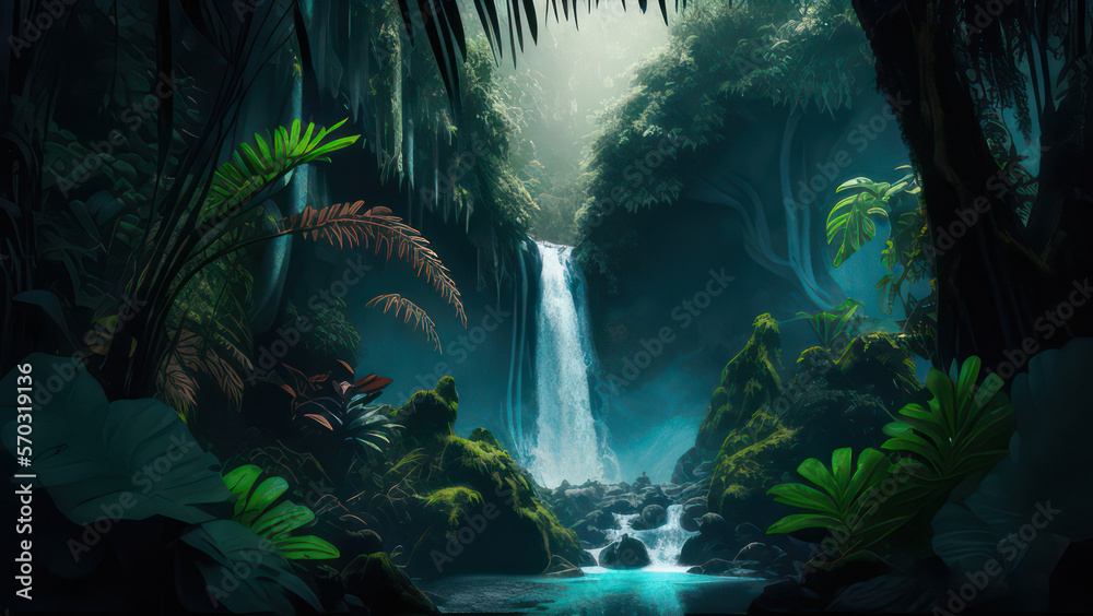 Illustration of a waterfall in the jungle, wallpaper, Generative AI