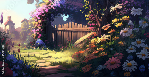 Illustration of a wooden fence in a blooming flower garden, wallpaper, Generative AI