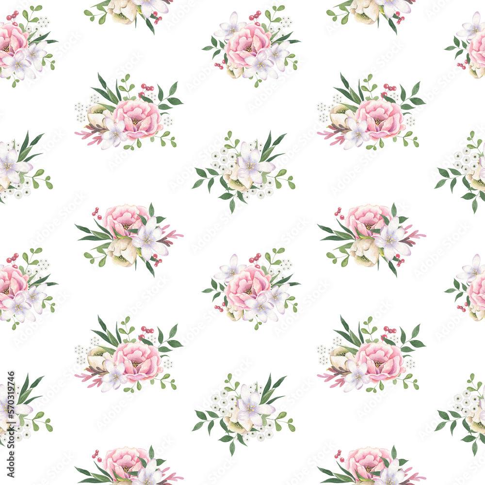 Watercolor floral seamless pattern . Pink flowers and greenery. Decorative textile design. White background. Wedding decoration. Spring botanical print.