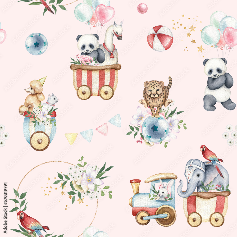 Watercolor vintage circus seamless pattern. Cute animal illustrations ...