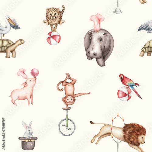 Watercolor seamless pattern. Circus animal illustrations. Hand painted. Retro show  lion  pig  hippo  monkey  pelican  fire ring. For invite  textile  print  wallpaper  cards  wrapper.