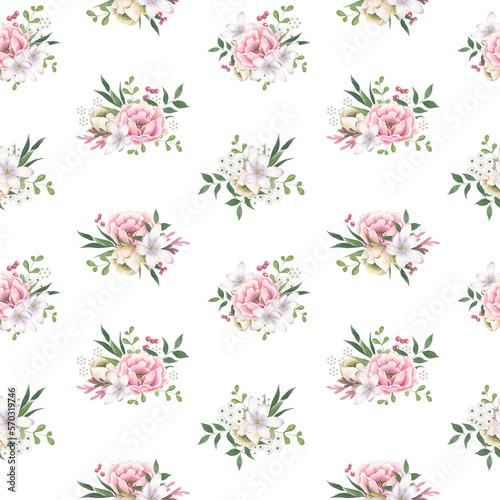 Watercolor floral seamless pattern . Pink flowers and greenery. Decorative textile design. White background. Wedding decoration. Spring botanical print.
