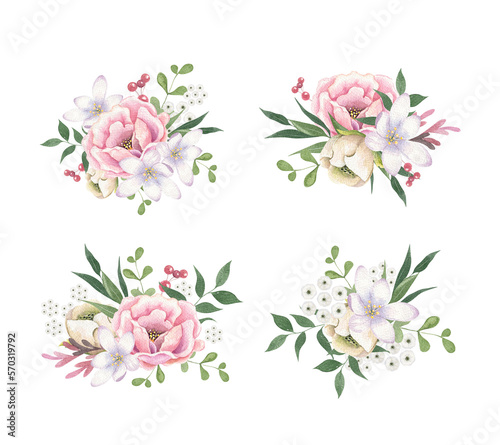 Fototapeta Naklejka Na Ścianę i Meble -  Watercolor set with floral bouquets on white background. Flowers, pink rose, green leaves. Hand painted drawing. Template design