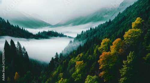Fotografie, Obraz Aerial view of f the foggy forest mountains in the morning, generative AI