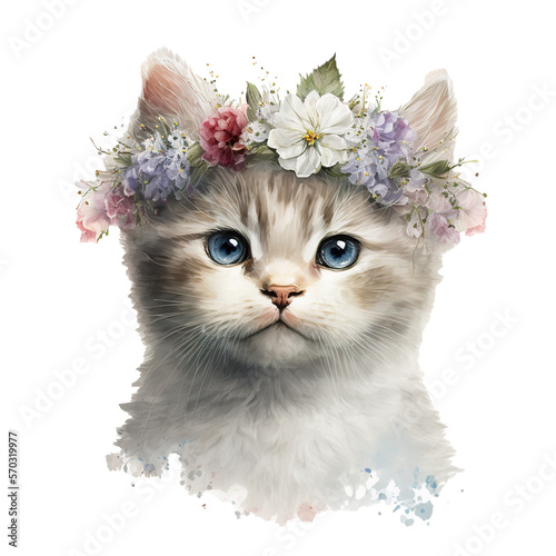 a cute fluffy baby cat illustration with a crown of spring flowers on it's head on transparent background