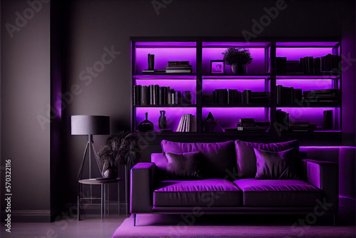 Luxury modern interior of living room ,Ultraviolet home decor concept ,purple sofa and black table. Dark purple living room interior with purple sofa. Luxury living room interior. Copy space. High