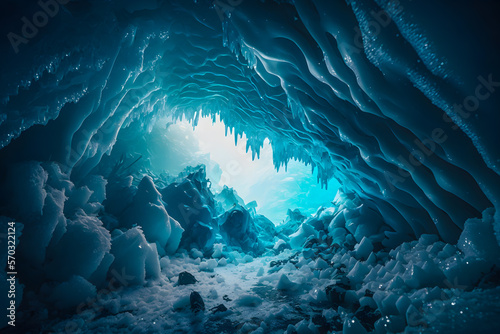 Inside view of ice caves with icicles and light outside. Generative AI