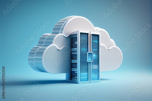 Cloud storage technology and online data storage, cloud computing, hosting white cloud with blue background. 3d render illustration. Generative AI photo