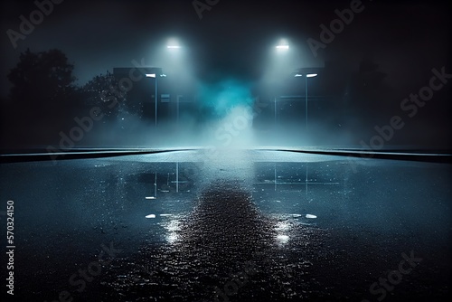 Dark street, wet asphalt, reflections of rays in the water. Abstract dark blue background, smoke, smog. Empty dark scene, neon light, spotlights. Concrete floor. Generative AI