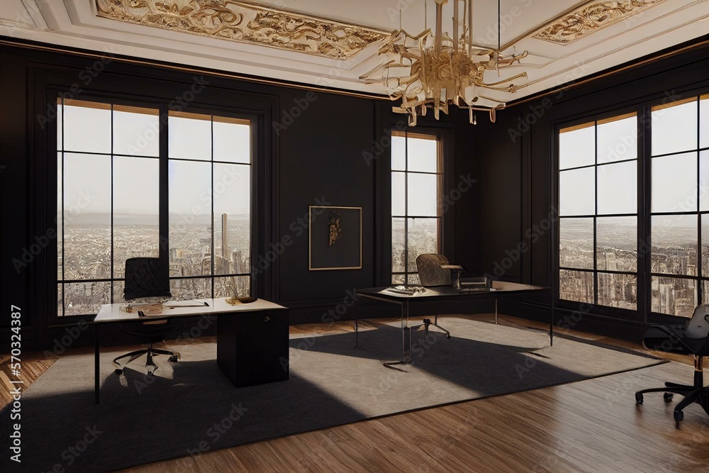 luxury modern office with fireplace, black walls and gold trim,large ...