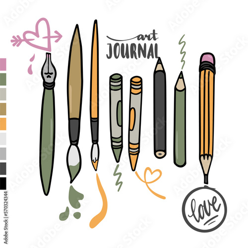 art journal writing painting equipment set graphic colorful vector elements isolated on white background