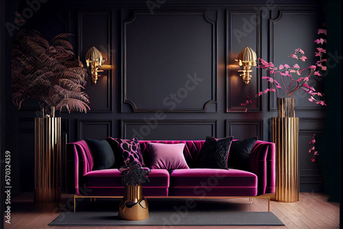 Luxury living room in dark color with pink sofa. glamorous living room interior. High quality ai generated illustration. photo