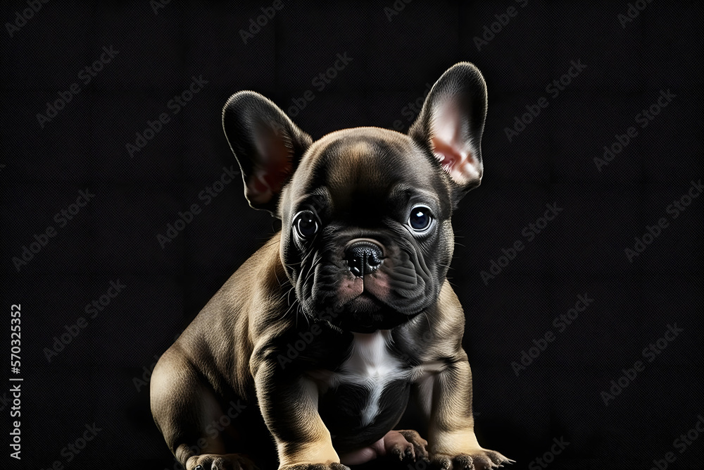 Adorable french bulldog puppy sitting with sparkeling eyes on uniform black background. Generative AI