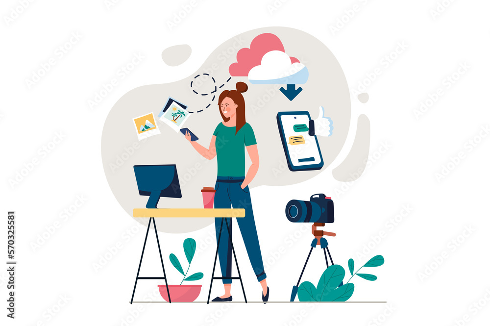 Social media concept with people scene in the flat cartoon design. Girl publishes new information with pictures on a social network. Social media concept with people scene in the flat cartoon design. Girl publishes new information with pictures on a social network.
