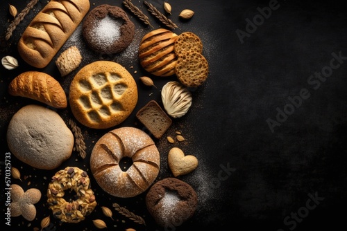 Background with many bread varieties on a dark surface. Up close. a blank area for text. a bakery idea. Generative AI