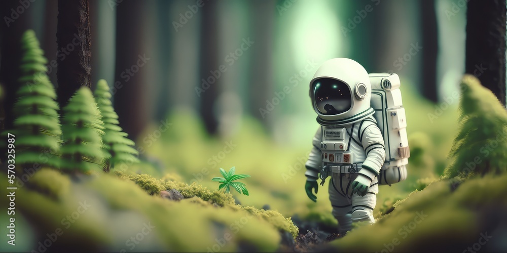 Fototapeta premium Astronaut exploring alien Woods, Tilt-Shift