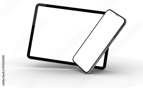 Blank screen realistic tablet frame, rotated position, side view, top view. The tablet is at different angles. Layout of a universal set of devices