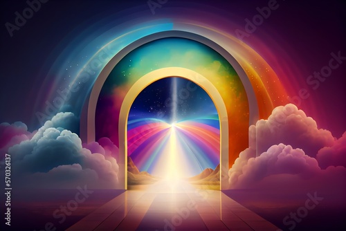 Wide size landscape illustration of a beautiful entrance to heaven, shining divinely through the rainbow-colored clouds. Generative AI