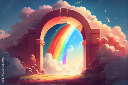 Wide size landscape illustration of a beautiful entrance to heaven, shining divinely through the rainbow-colored clouds. Generative AI