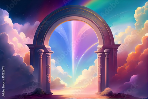 Wide size landscape illustration of a beautiful entrance to heaven, shining divinely through the rainbow-colored clouds. Generative AI