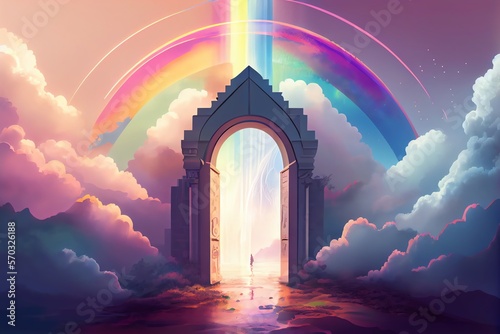 Wide size landscape illustration of a beautiful entrance to heaven, shining divinely through the rainbow-colored clouds. Generative AI