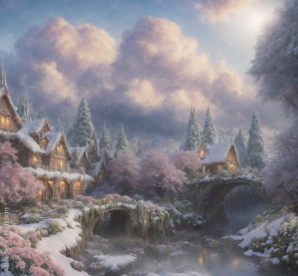 A town with stone bridges on a sunny winter day, fantasy painting A town with stone bridges on a sunny winter day, fantasy painting