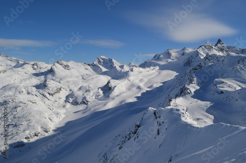 View of the mountains, skiing in Meribel, France, French Alps