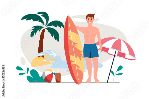 Concept Summer with people scene in the flat cartoon design. Man is surfing on the sea during summer vacation.