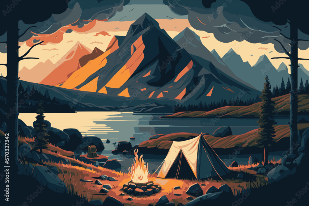 Camp site with camp tent and camp fire by lake, there is a huge ...
