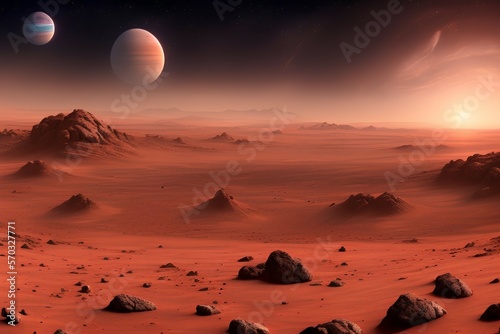 Mars surface landscape, alien planet background, Saturn on starry sky. Vector red desert with mountains, craters and shining stars. Martian extraterrestrial computer game backdrop, - generative ai