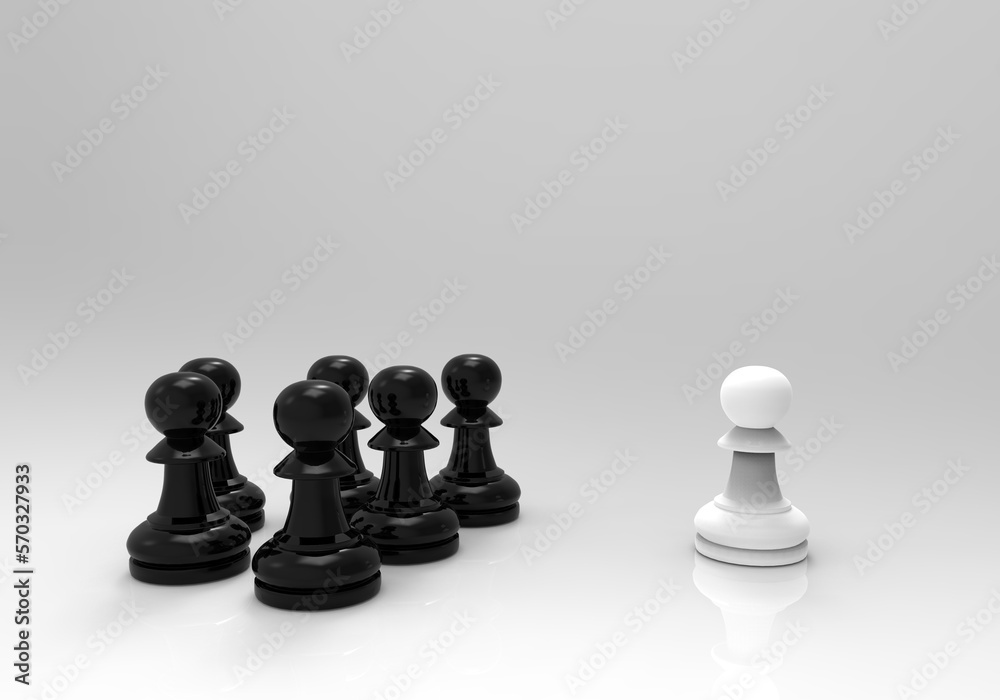 3d rendering. A white Pawn chess with black pawns chesses on gray background. one fight with a team concept. 3d rendering. A white Pawn chess with black pawns chesses on gray background. one fight with a team concept.