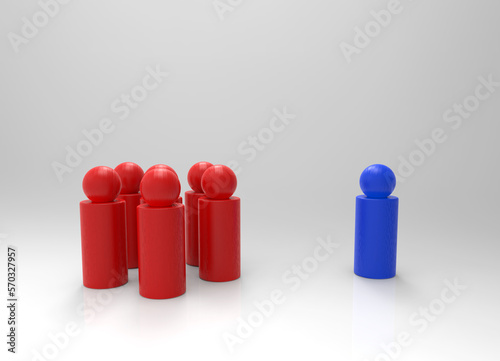 3d rendering. A blue male Icon standing at the front of red female gender sign. gender pay gap concept