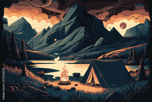 Camp site with camp tent and camp fire by lake, there is a huge mountain at background.