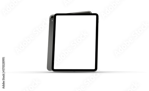 Modern tablet computer stand with blank screen isolated on white background