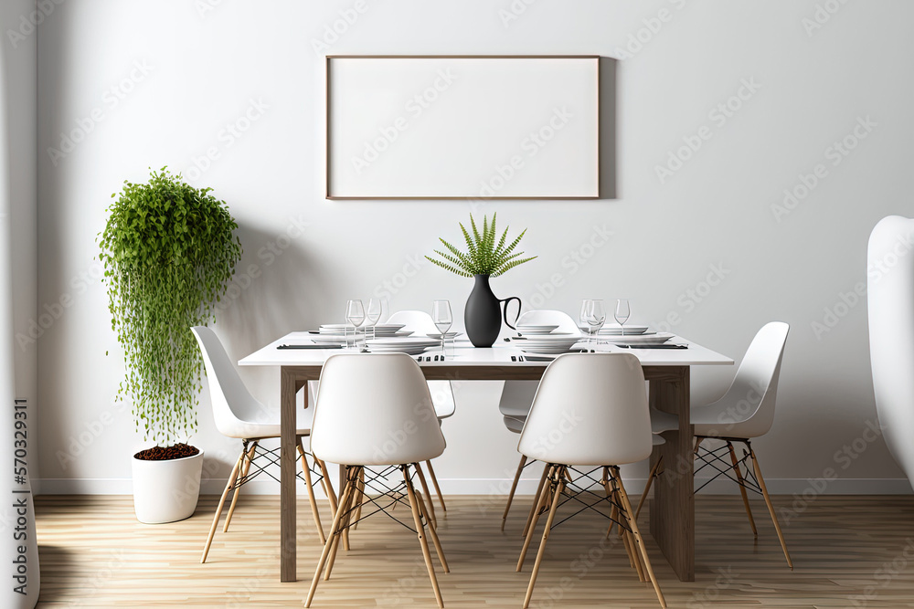 Dining room mockup with served table and a blank white wall. Generative AI  Stock Illustration | Adobe Stock