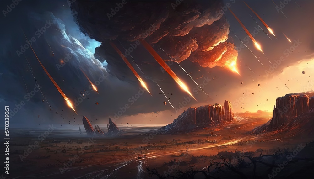 illustration of meteor shower fall into earth's atmosphere make fire trail in sky and crash on